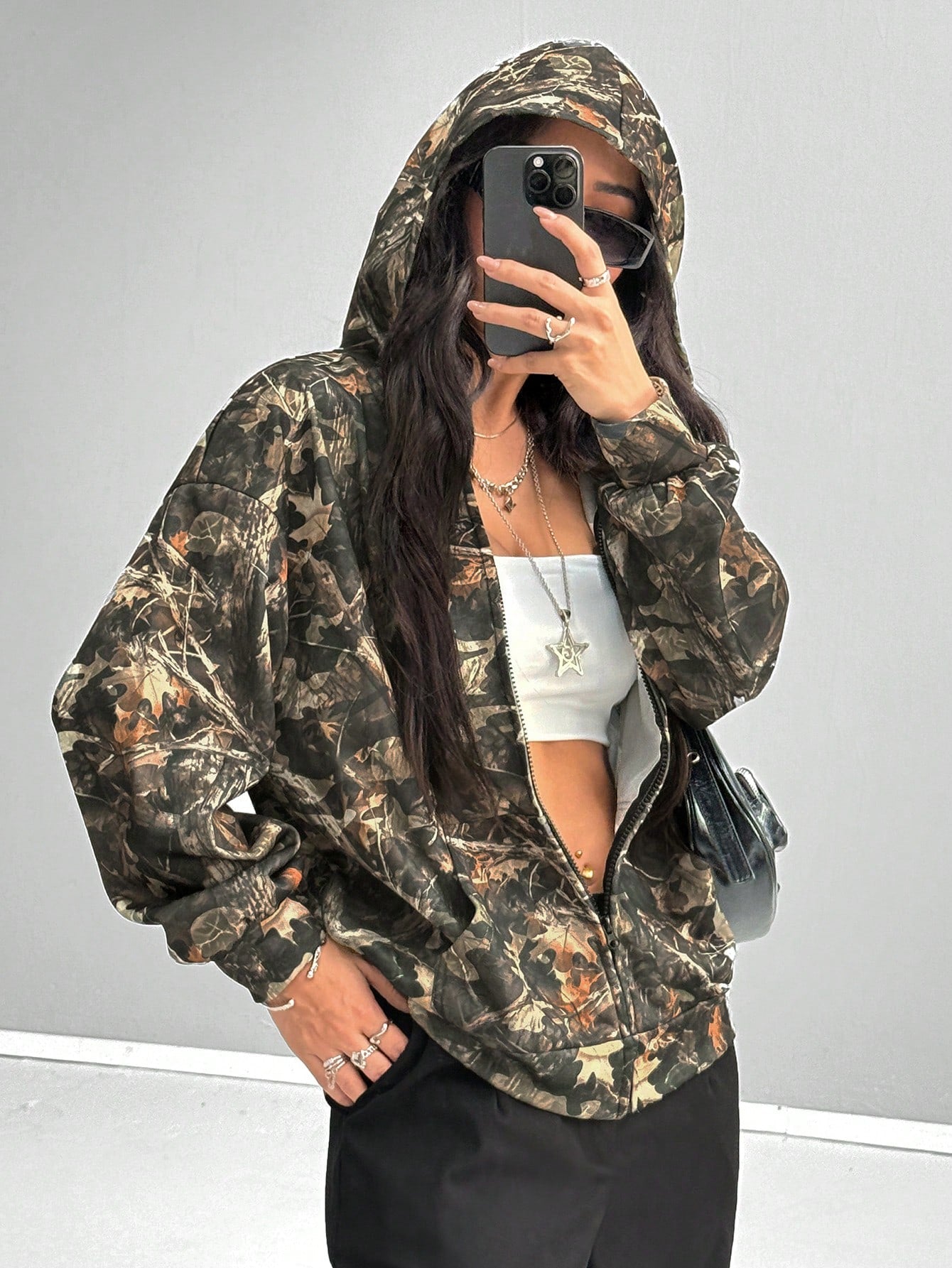 Coolane Women'S Fall Streetwear Couple Same Style Going Out Knit Camo Thermal Lined Keep Warm Zip up Green Baggy Long Sleeve Sweatshirt
