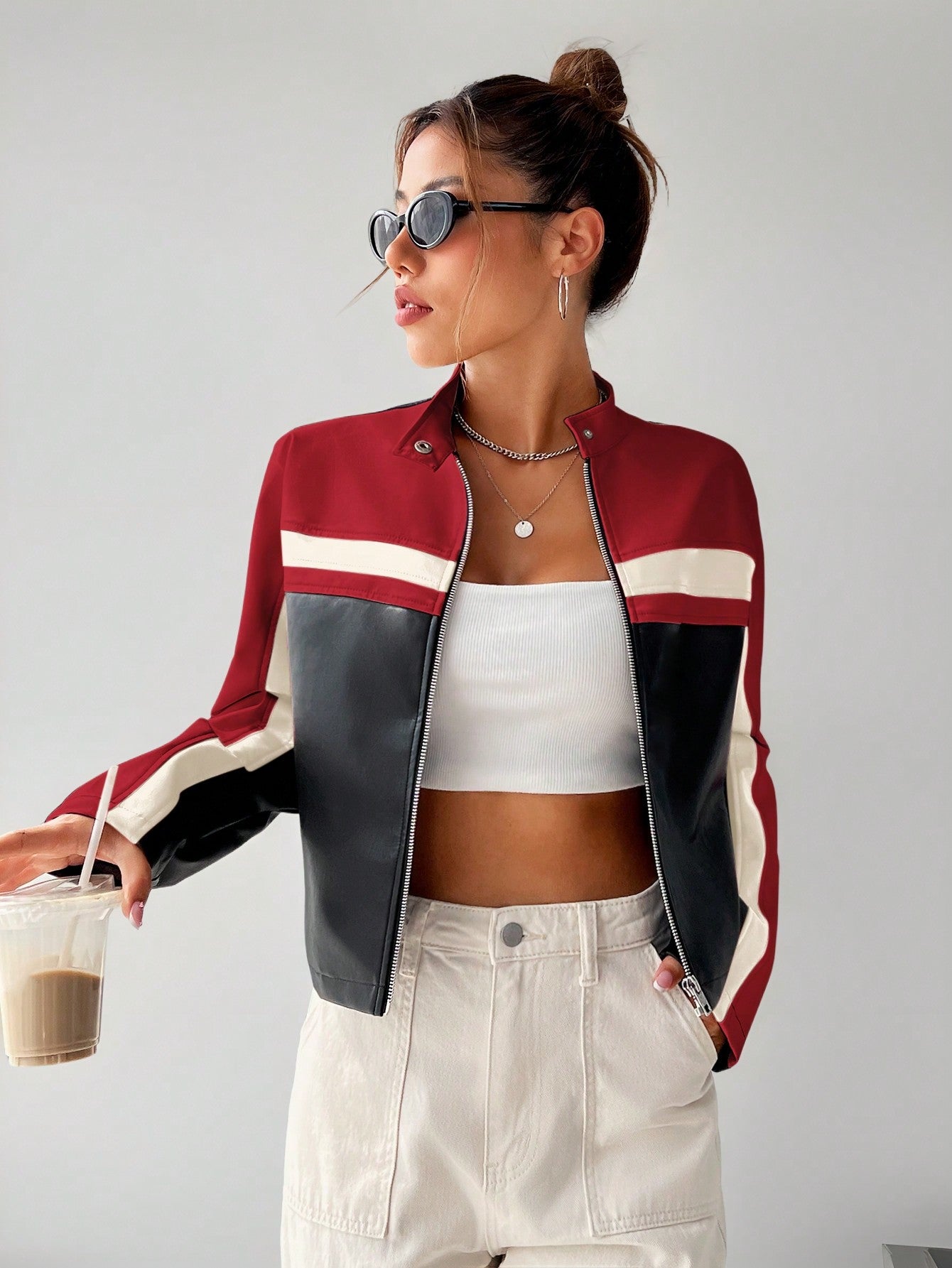 Coolane Colorblock Zip up Crop Jacket,Ladies Late Fall Casual Zipper Regular Sleeve Stand Collar Regular Fit Black Striped Women Jackets,Casual Daily Wear