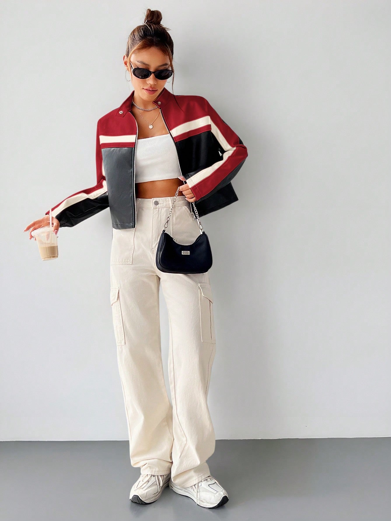 Coolane Colorblock Zip up Crop Jacket,Ladies Late Fall Casual Zipper Regular Sleeve Stand Collar Regular Fit Black Striped Women Jackets,Casual Daily Wear