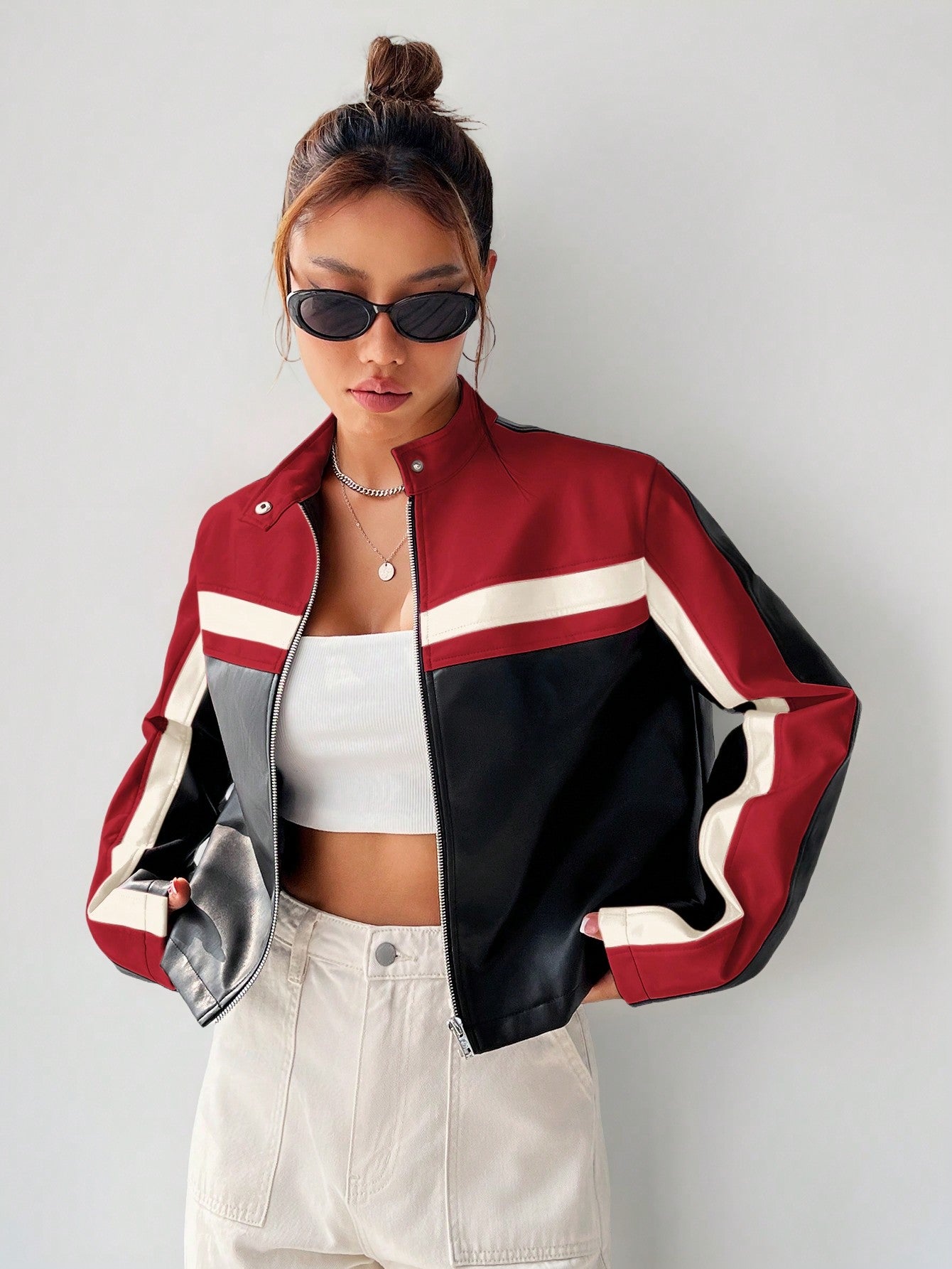 Coolane Colorblock Zip up Crop Jacket,Ladies Late Fall Casual Zipper Regular Sleeve Stand Collar Regular Fit Black Striped Women Jackets,Casual Daily Wear