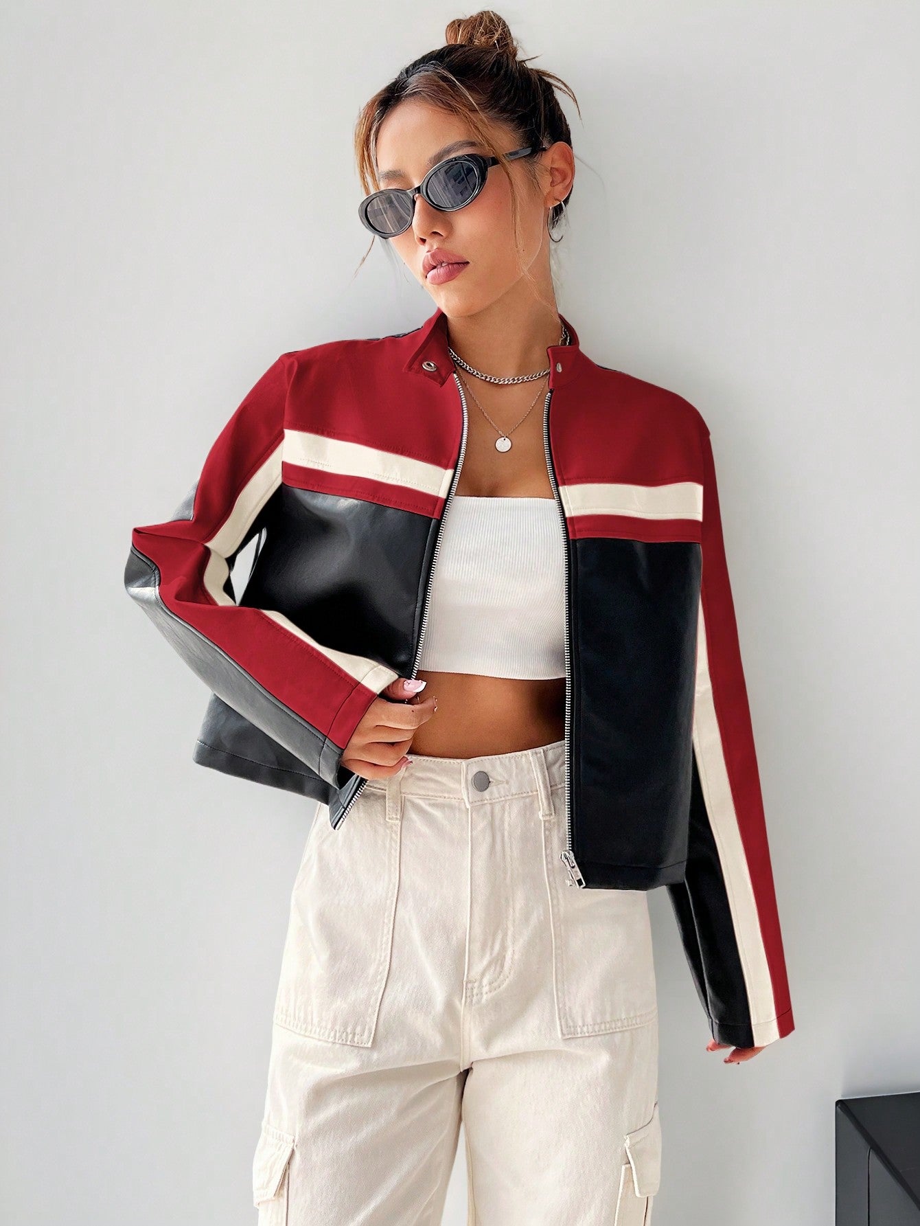 Coolane Colorblock Zip up Crop Jacket,Ladies Late Fall Casual Zipper Regular Sleeve Stand Collar Regular Fit Black Striped Women Jackets,Casual Daily Wear