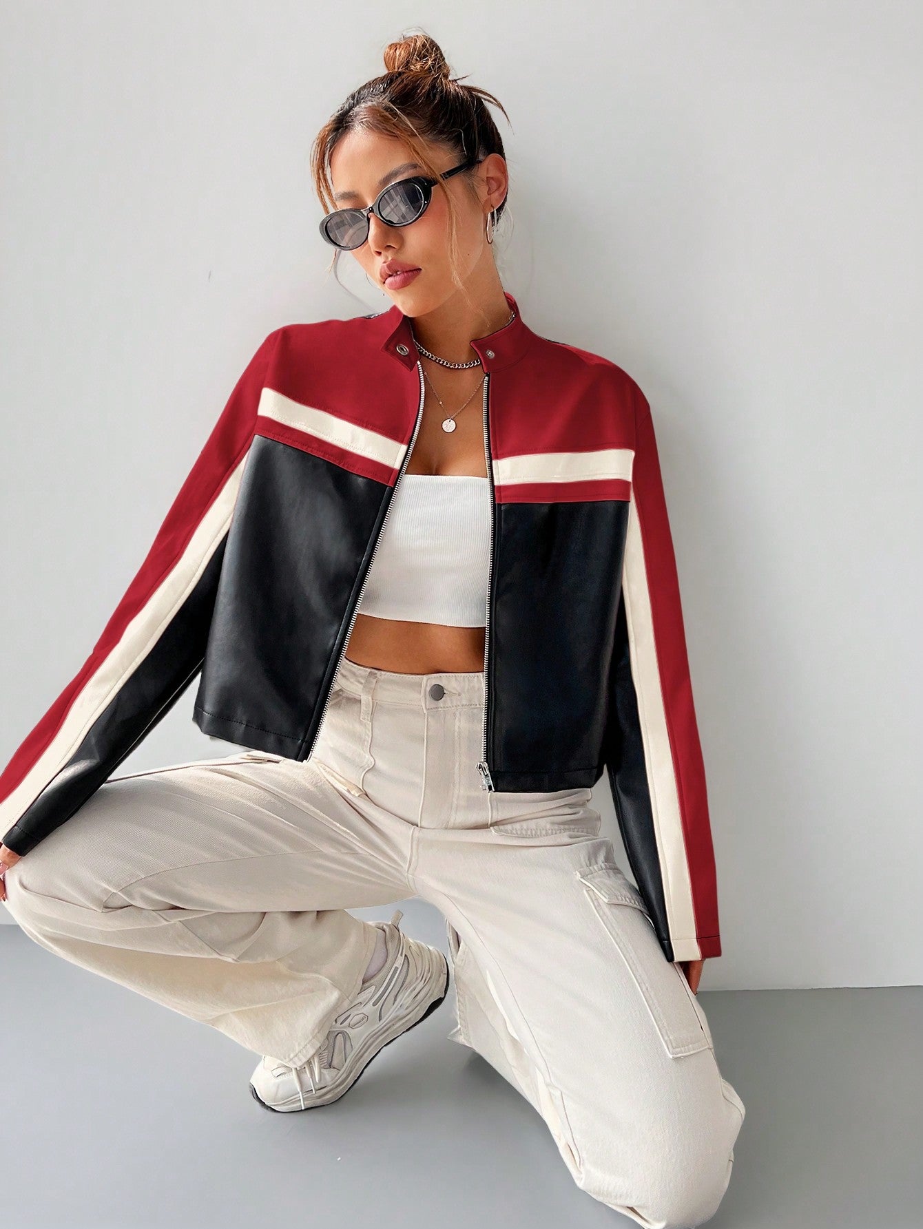 Coolane Colorblock Zip up Crop Jacket,Ladies Late Fall Casual Zipper Regular Sleeve Stand Collar Regular Fit Black Striped Women Jackets,Casual Daily Wear