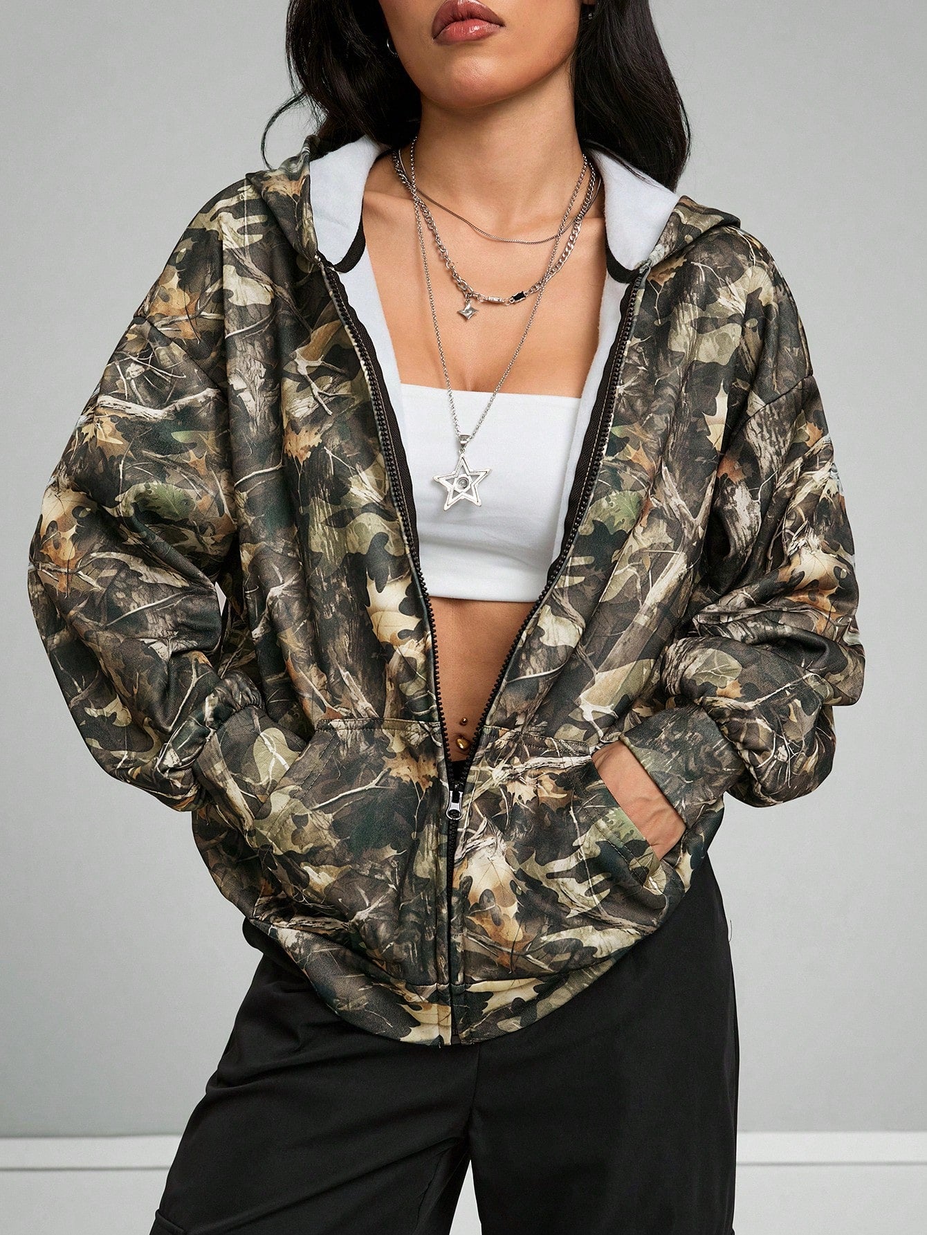 Coolane Women'S Fall Streetwear Couple Same Style Going Out Knit Camo Thermal Lined Keep Warm Zip up Green Baggy Long Sleeve Sweatshirt