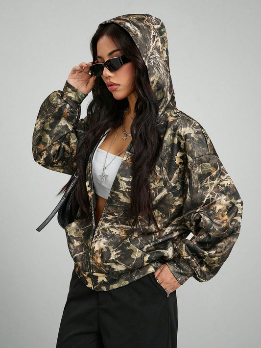 Coolane Women'S Fall Streetwear Couple Same Style Going Out Knit Camo Thermal Lined Keep Warm Zip up Green Baggy Long Sleeve Sweatshirt