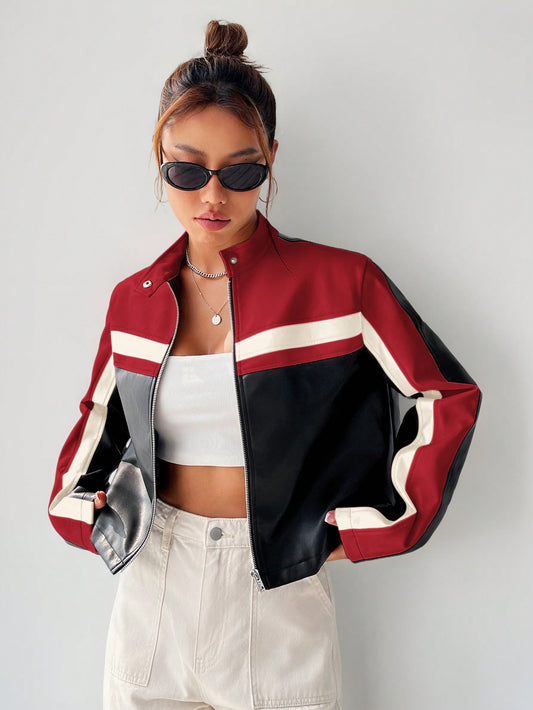 Coolane Colorblock Zip up Crop Jacket,Ladies Late Fall Casual Zipper Regular Sleeve Stand Collar Regular Fit Black Striped Women Jackets,Casual Daily Wear